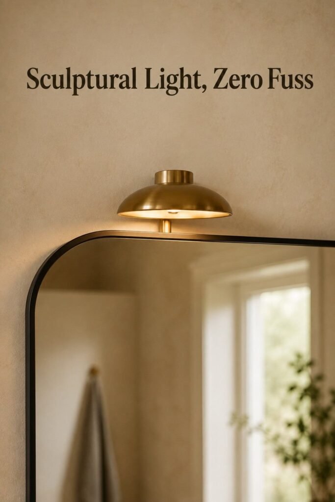 A curved sculptural dome light fixture mounted above a bathroom mirror.