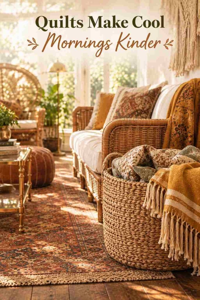 Boho Sunroom Ideas Vintage Lovers Will Adore 6 Woven seagrass basket holding a folded patchwork quilt and a fringed wool throw beside a rattan sofa.