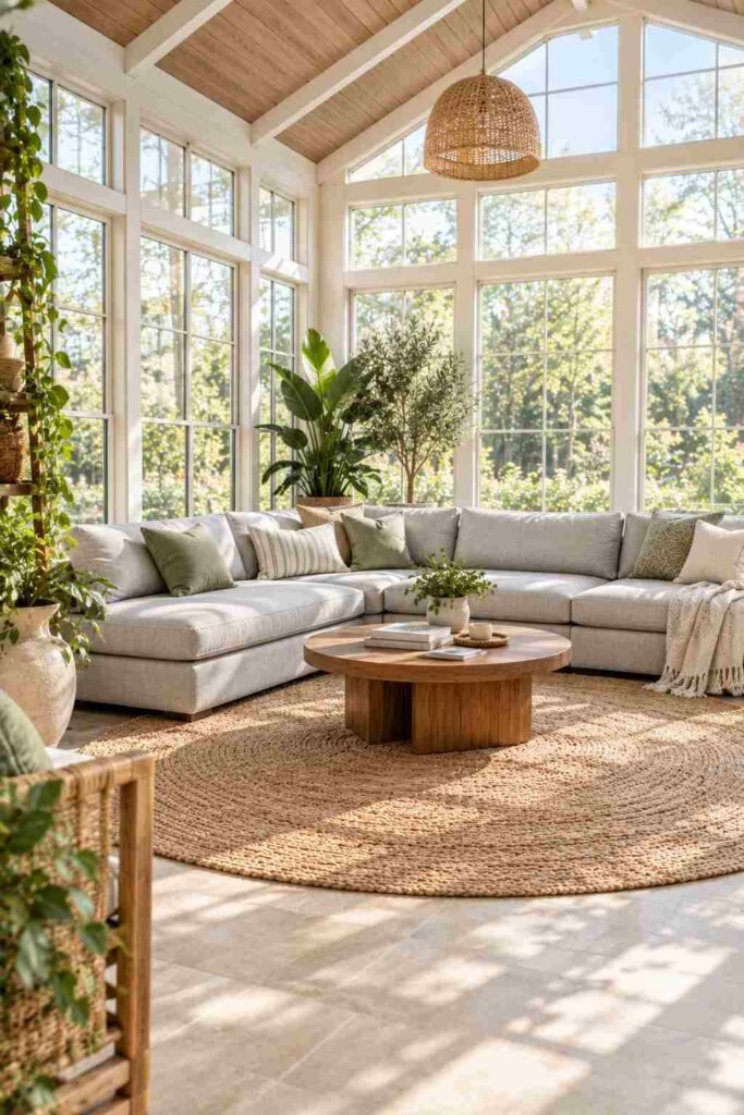 Low-profile sectional sofa as indoor sunroom furniture in a large room