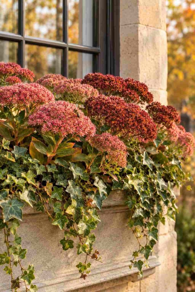 25 stylish Autumn Window Boxes: pansies, violas, heuchera to Make Your Home Glow 7 Sedum Autumn Joy with rusty red blooms and trailing ivy in a window box