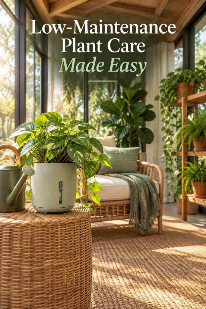Self-watering planter with a visible reservoir window holding a healthy pothos plant.