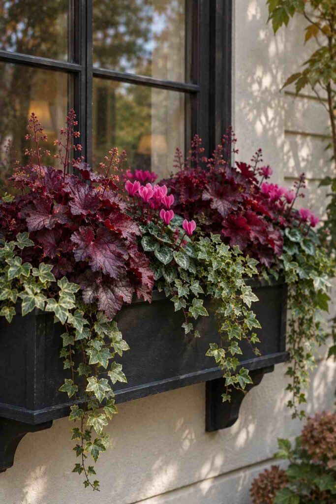25 stylish Autumn Window Boxes: pansies, violas, heuchera to Make Your Home Glow 19 Heuchera, ivy and cyclamen in a fall window box on a shaded north-facing wall