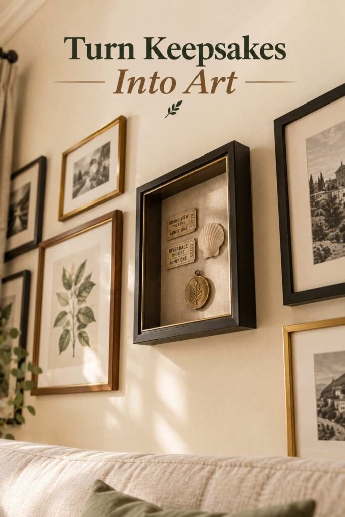 Picture Frame Wall Ideas to Turn Blank Walls Into Personal Stories 13 Deep shadow box holding ticket stubs, a sea shell, and a small brass medal on cream linen, hung among flat frames.