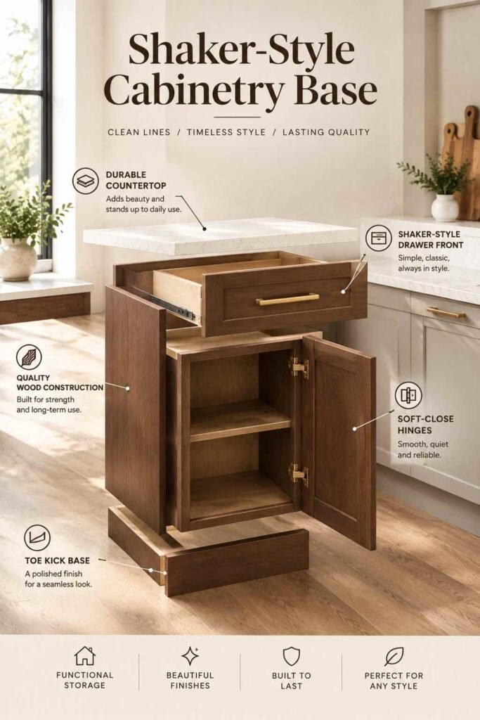 Stylish Breakfast Bar Ideas to Transform Your Kitchen in 2026 4 Shaker-style cabinetry base with walnut wood construction, cream quartz countertop, brass hardware, drawer, cabinet doors, and toe-kick detail in a modern kitchen.