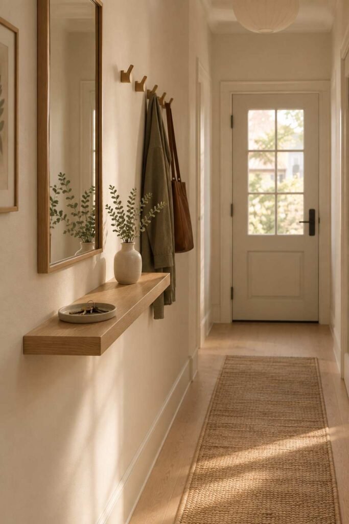 Shallow wall shelf with keys tray, hooks and mirror in a narrow Scandinavian hallway