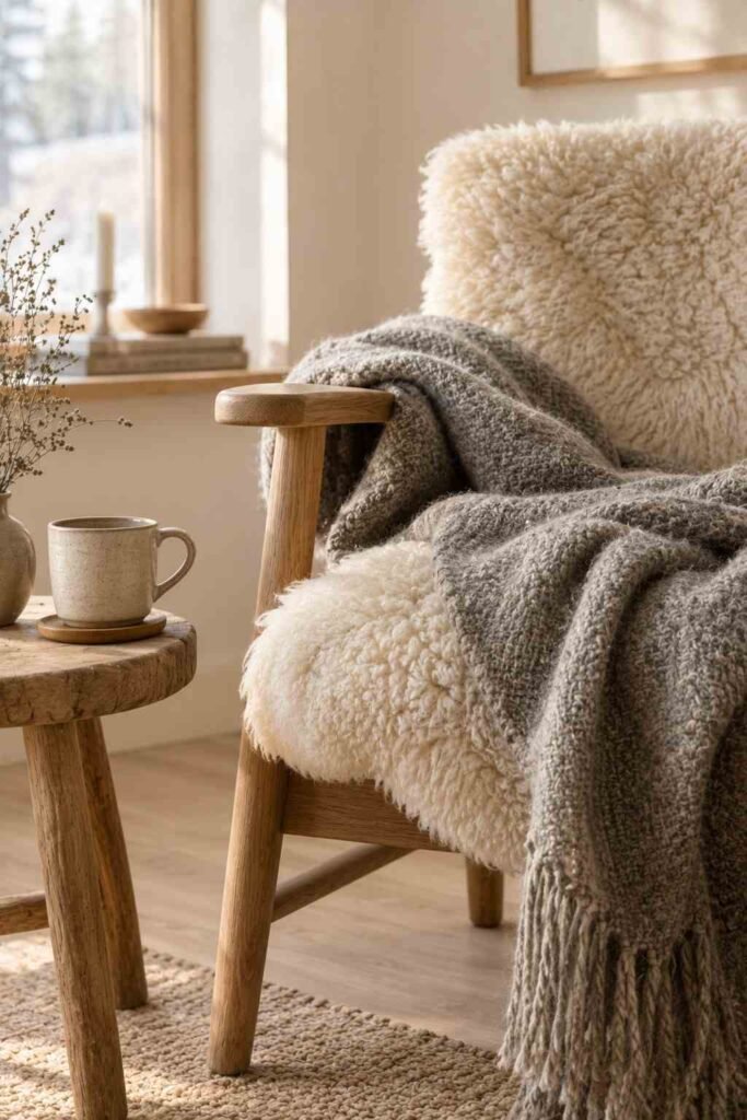 26 Scandinavian Cottage Interior Design Ideas for a Warm, Nordic, Light-Filled Home 7 Sheepskin and chunky wool throw layered on a wooden armchair