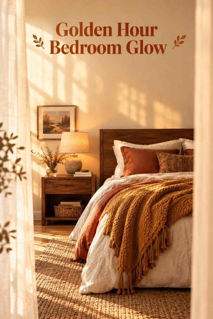 Sheer cream curtains framing soft afternoon light across a bedroom with layered bedding.