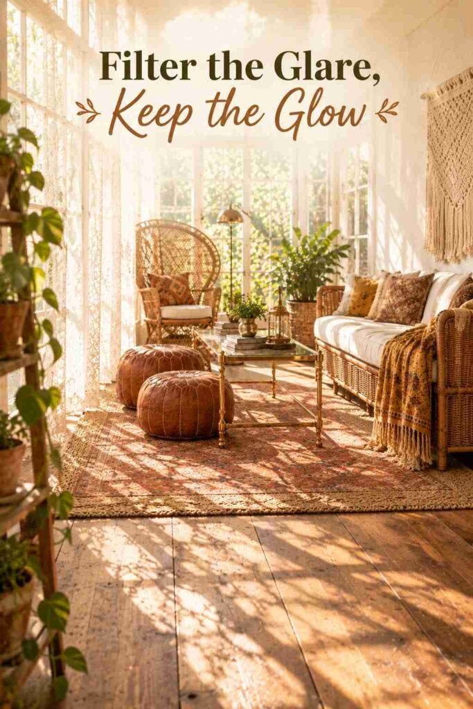 Boho Sunroom Ideas Vintage Lovers Will Adore 7 Sunlight glowing through sheer lace curtains and casting soft shadows across a kilim rug and wood floor.