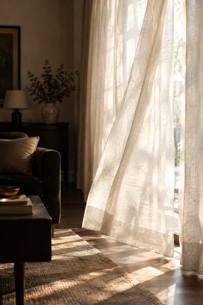 25 Dark Living Room Ideas to Brighten Your Home Without a Renovation 15 Sheer linen curtains diffusing sunlight into a dark living room