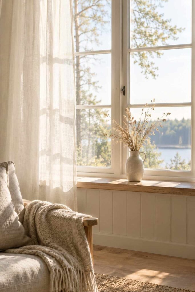 26 Scandinavian Cottage Interior Design Ideas for a Warm, Nordic, Light-Filled Home 4 Sheer linen curtain on a bright cottage window in a Nordic-style room