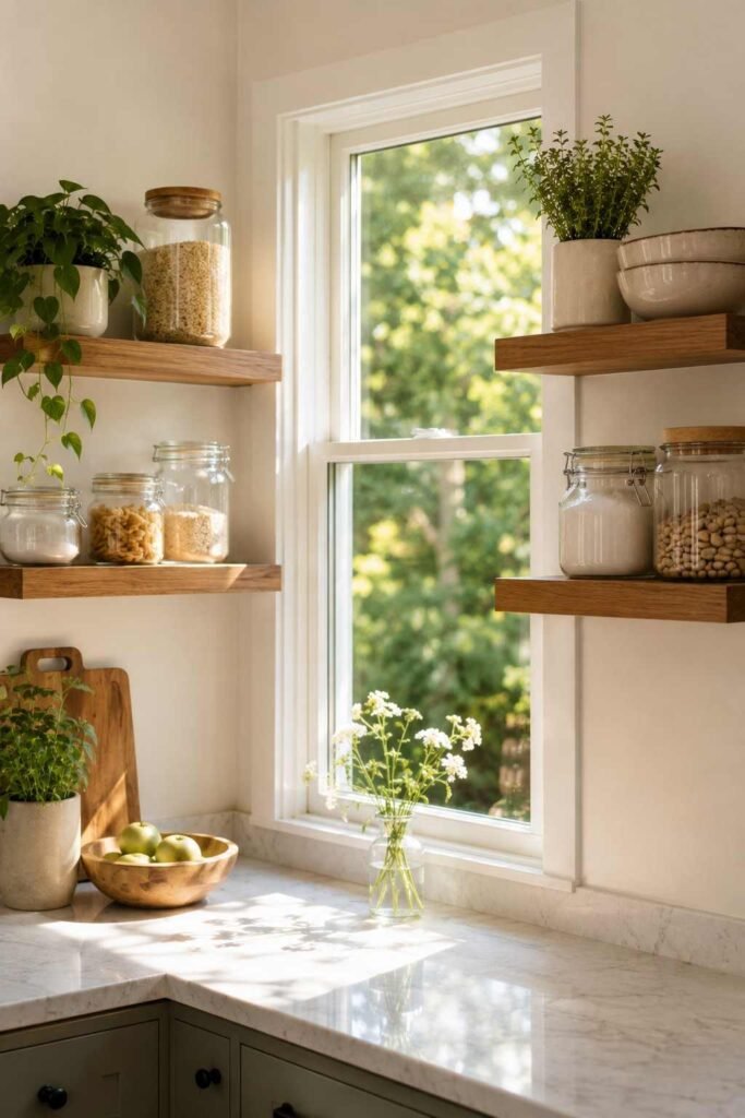 26 Kitchen Open Shelving Ideas for Corners: Styles, Sizes and Layouts 10 Short wood shelves with glass jars framing a kitchen corner window