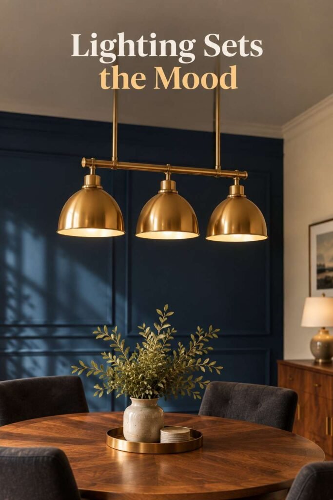 Dining Room Accent Wall Ideas That Will Transform Your Space in 2026 12 Close-up of a sideboard's brass hardware with a navy accent wall blurred in the background.