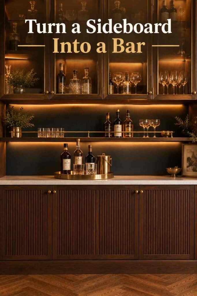 Dining Room Bar Ideas to Make Every Dinner Feel Like a Party 5 Straight-on view of a fluted walnut cabinet with a cream stone top holding a brass tray with three bottles, two glasses, and an ice bucket.