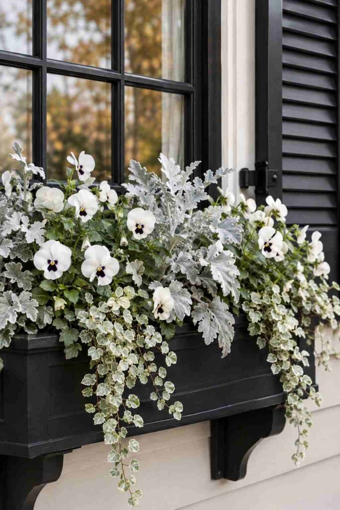 25 stylish Autumn Window Boxes: pansies, violas, heuchera to Make Your Home Glow 12 White pansies and dusty miller in a silver fall window box by a black window frame