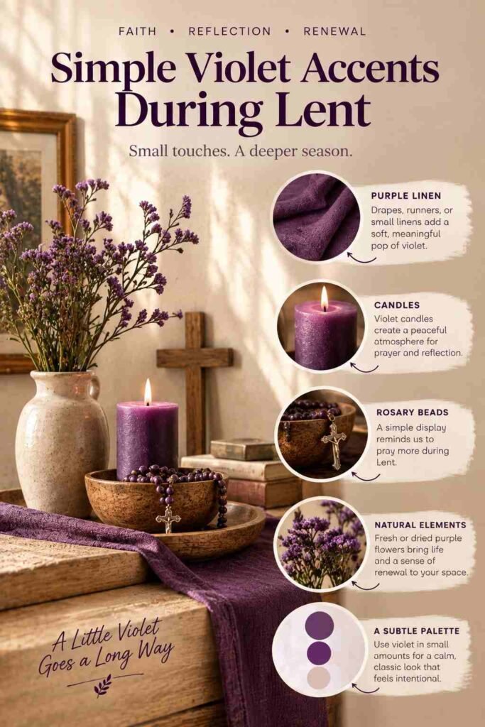 Simple violet accents during Lent with purple candles, flowers, rosary beads, and cross.