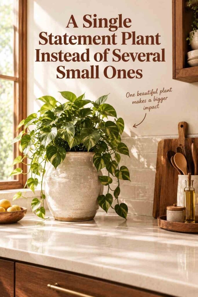 Kitchen Counter Decor Ideas to Transform Your Kitchen in 2026 8 Single statement plant in a ceramic planter styled on a kitchen counter.