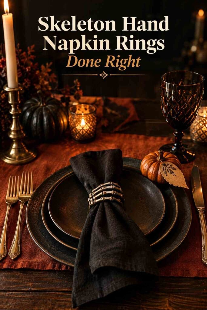 Close-up of a skeleton-hand napkin ring on a folded black napkin next to a mini pumpkin place card.