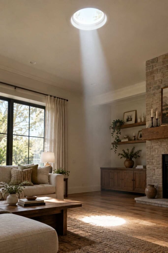 25 Dark Living Room Ideas to Brighten Your Home Without a Renovation 8 Solar tube skylight bringing natural daylight into a dark living room