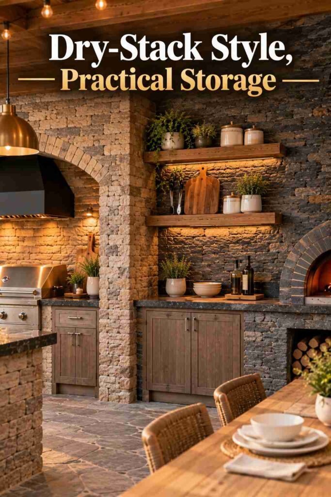 Slate-grey dry-stack stone wall with cedar shelves holding tongs, a cutting board, and cream ceramic jars beside an outdoor pizza oven.