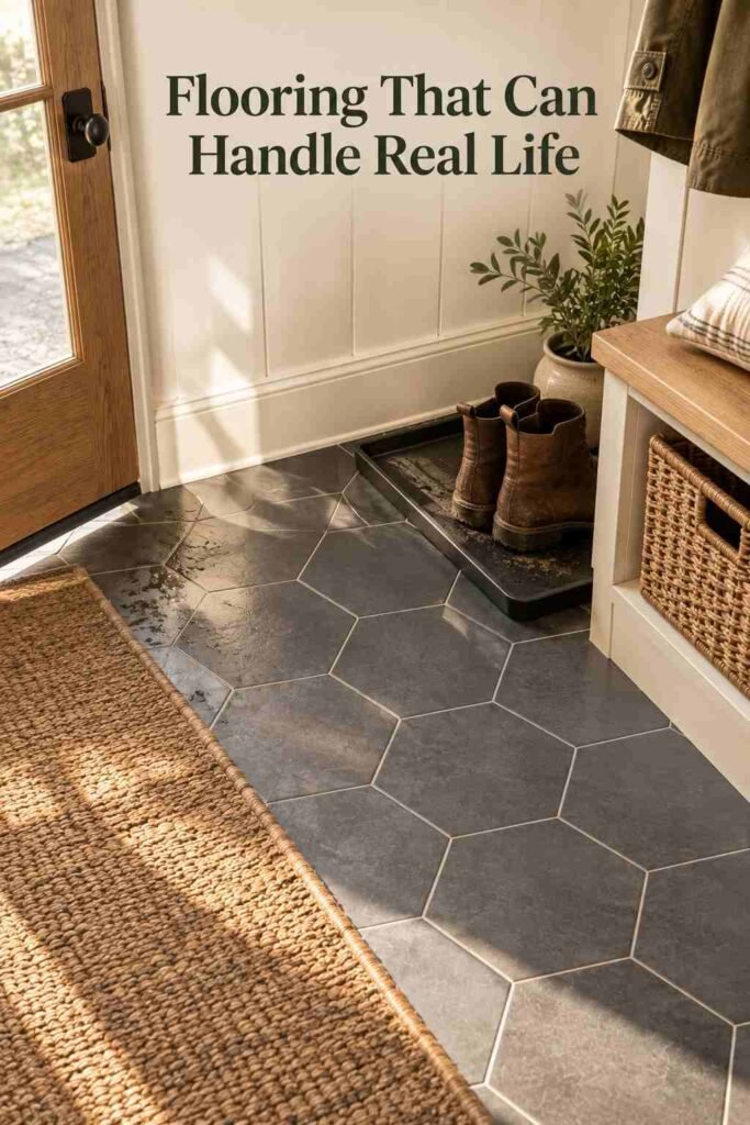 Mudroom Ideas to Transform Your Entryway Into an Organized Family Hub 5 Slate-grey hexagon tile flooring meeting a jute runner rug at a mudroom entry threshold.