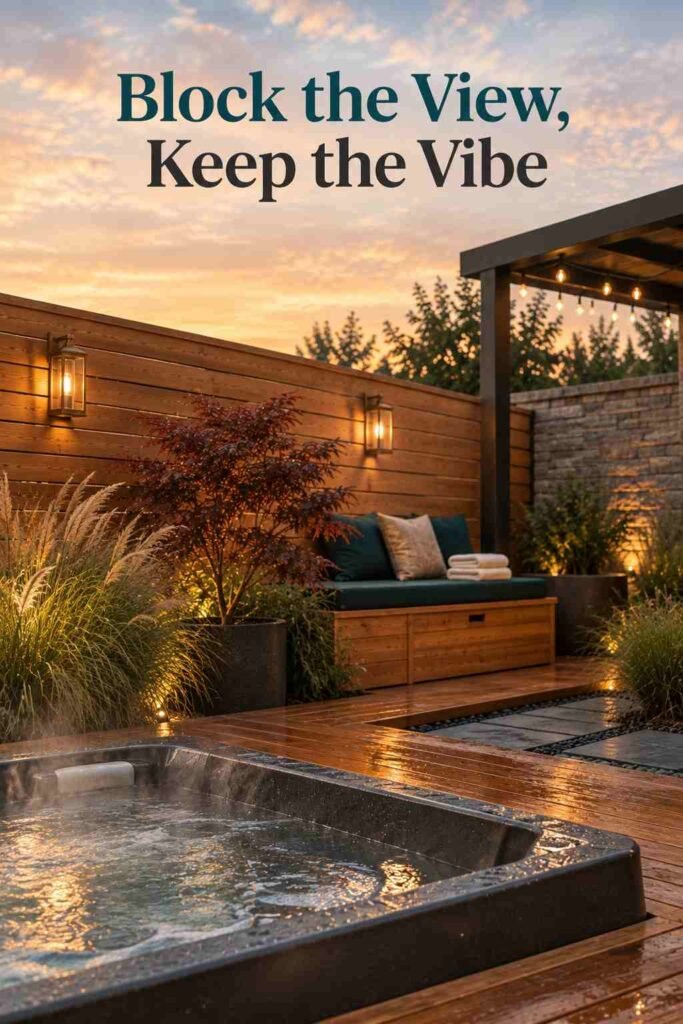 Horizontal cedar slat fence with tall grasses and a small Japanese maple beside the edge of a steaming jacuzzi.