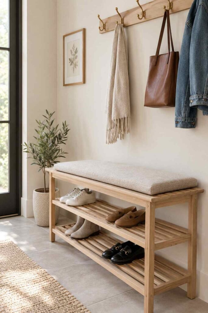 Slim light wood bench with open shoe storage and wool cushion in a Nordic hallway