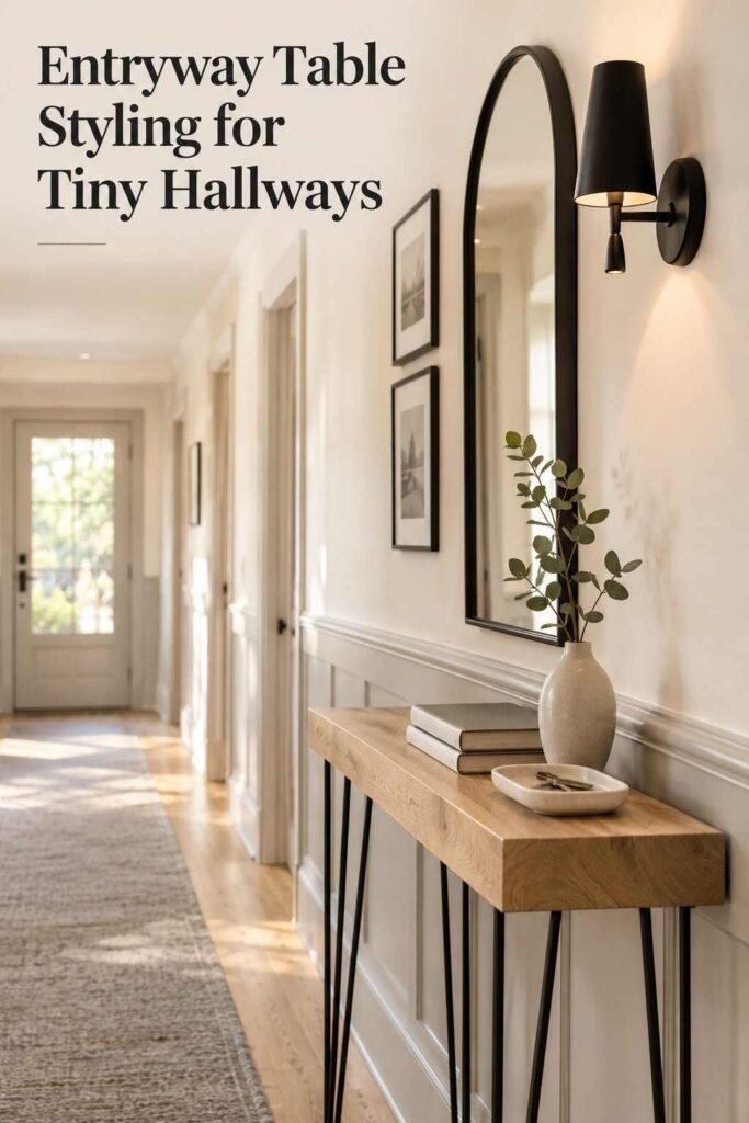 Narrow Hallway Ideas That Make a Tight Corridor Feel Wider, Brighter, and Full of Character 7 Slim blonde wood console table with black hairpin legs styled with a bud vase and books beneath a black wall sconce in a narrow hallway.