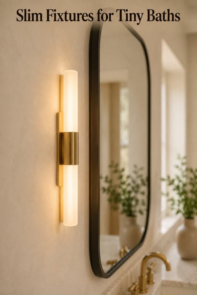 A slim, flush-mounted brass wall sconce beside a bathroom mirror.