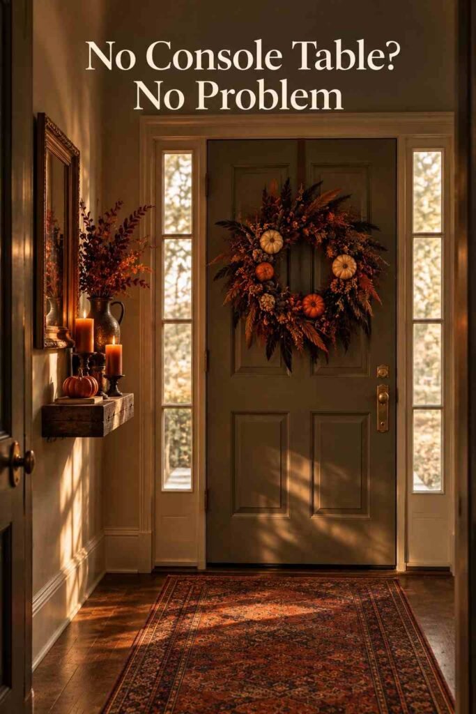 Spooky Halloween Entryway Decor Ideas for a Hauntingly Beautiful Front Entrance 5 Front door styled with a feather-and-pumpkin wreath and a narrow floating shelf holding candles in a small Halloween entryway.