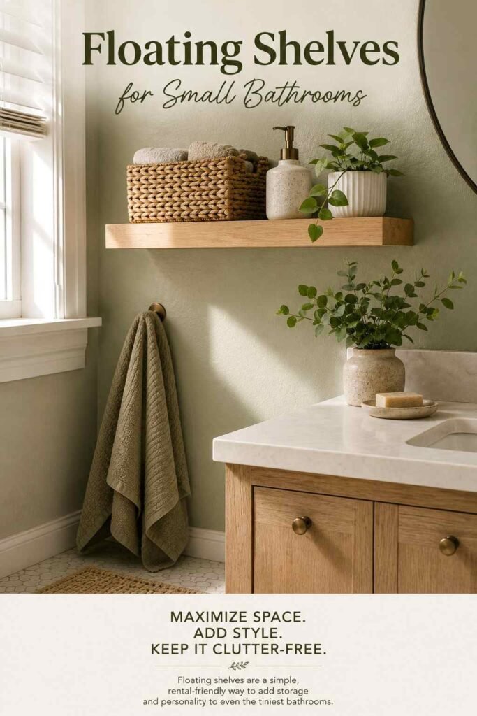 Apartment Bathroom Decor Ideas to Turn a Rental Into a Stylish Retreat 2 Light oak floating shelf styled with a woven basket, ceramic dispenser, and small plant above a bathroom vanity.