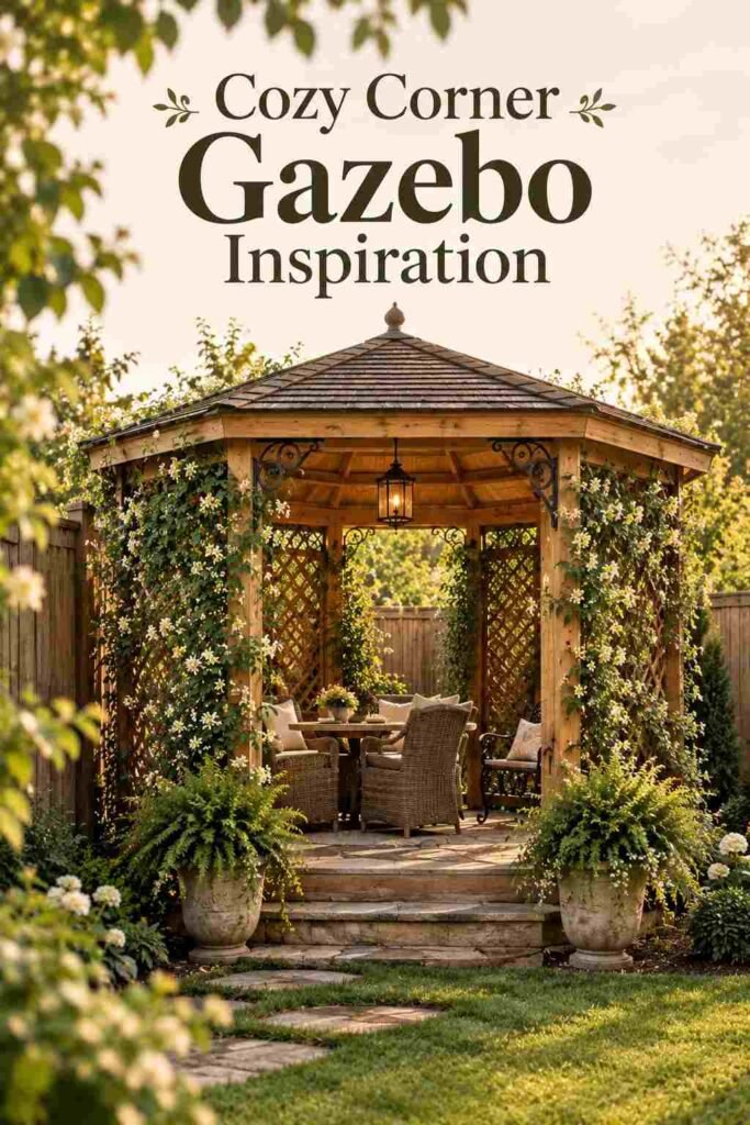 Compact wood gazebo tucked into the corner of a small backyard near a fence line.