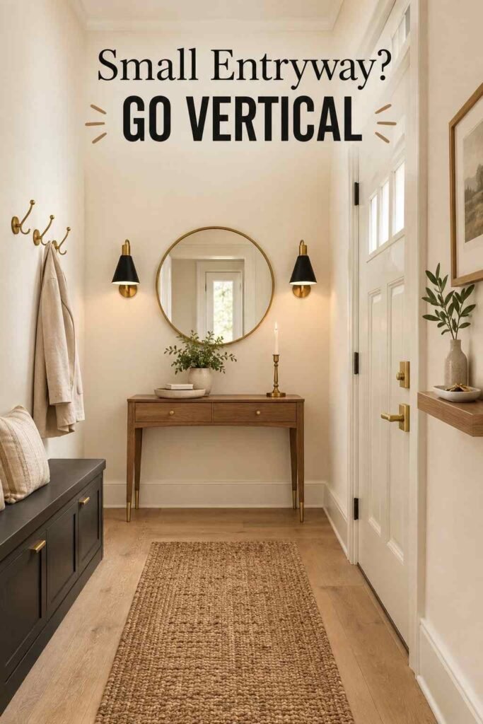 Narrow floating shelf near a front door styled with a small ceramic key dish and a single-stem bud vase.