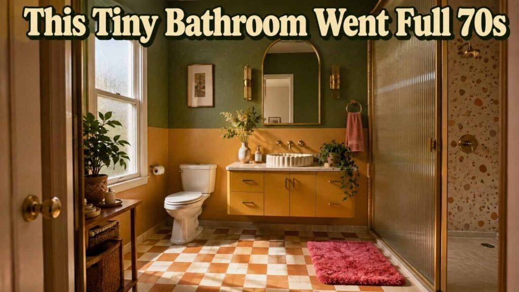 Small bathroom with avocado green and mustard color-blocked walls, checkerboard floor tile, and a floating brass-hardware vanity.