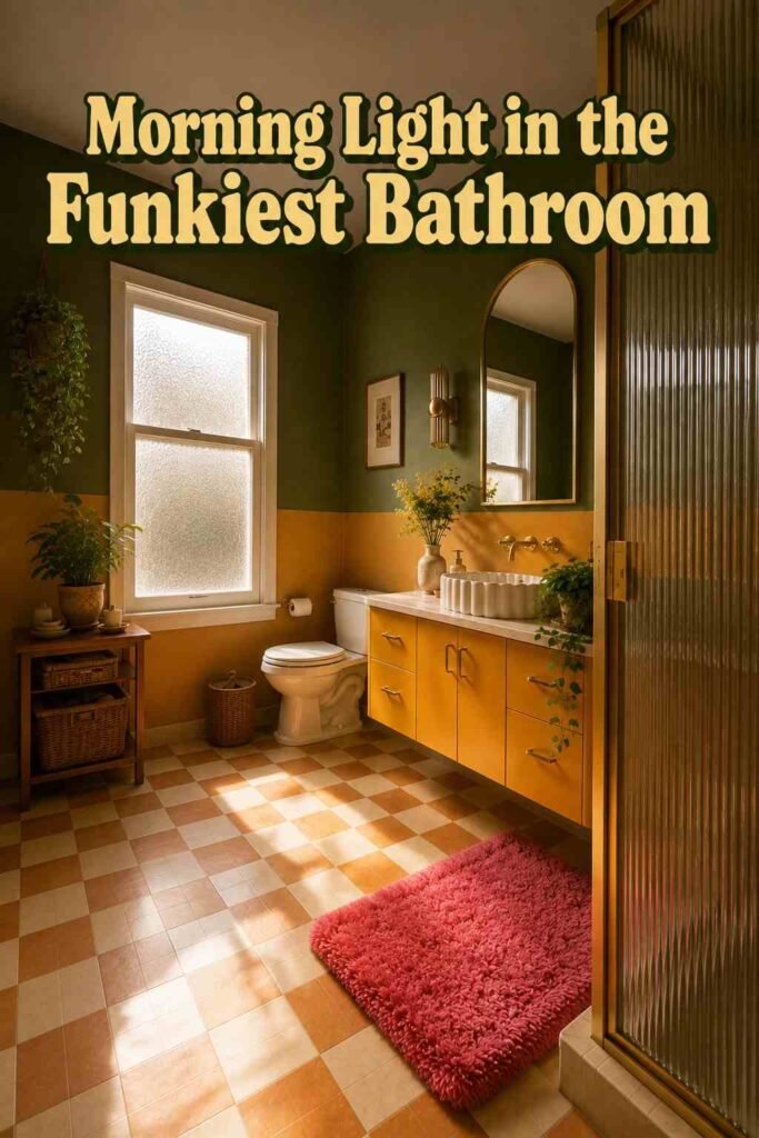 Small Funky Bathroom Ideas to Transform Your Tiny Space in 2026 7 Small retro-style bathroom lit by soft window light, showing the checkerboard floor and mustard vanity from the shower side.