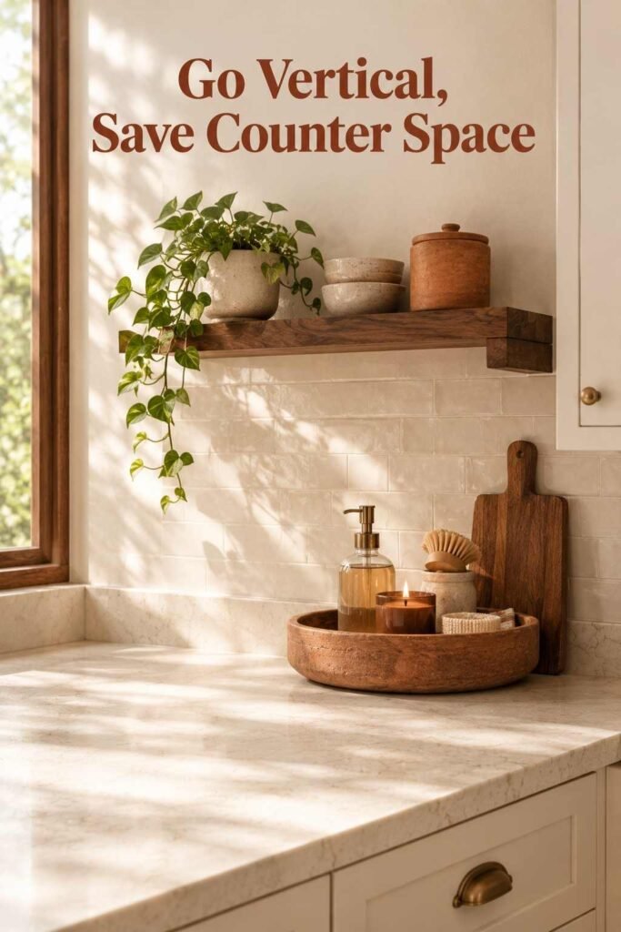 Kitchen Counter Decor Ideas to Transform Your Kitchen in 2026 7 Narrow kitchen counter with a wall-mounted shelf above and a single tray holding soap and a candle below.