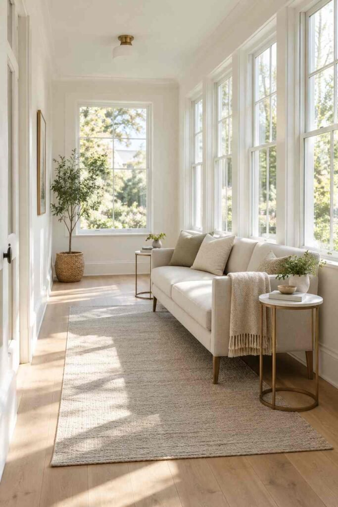 Nesting tables and slim seating as indoor sunroom furniture for narrow rooms