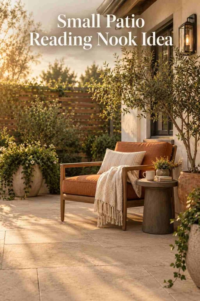 Backyard Patio Designs to Transform Your Outdoor Space in 2026 5 A single terracotta lounge chair, side table, and folded throw blanket styled as a compact patio reading nook.