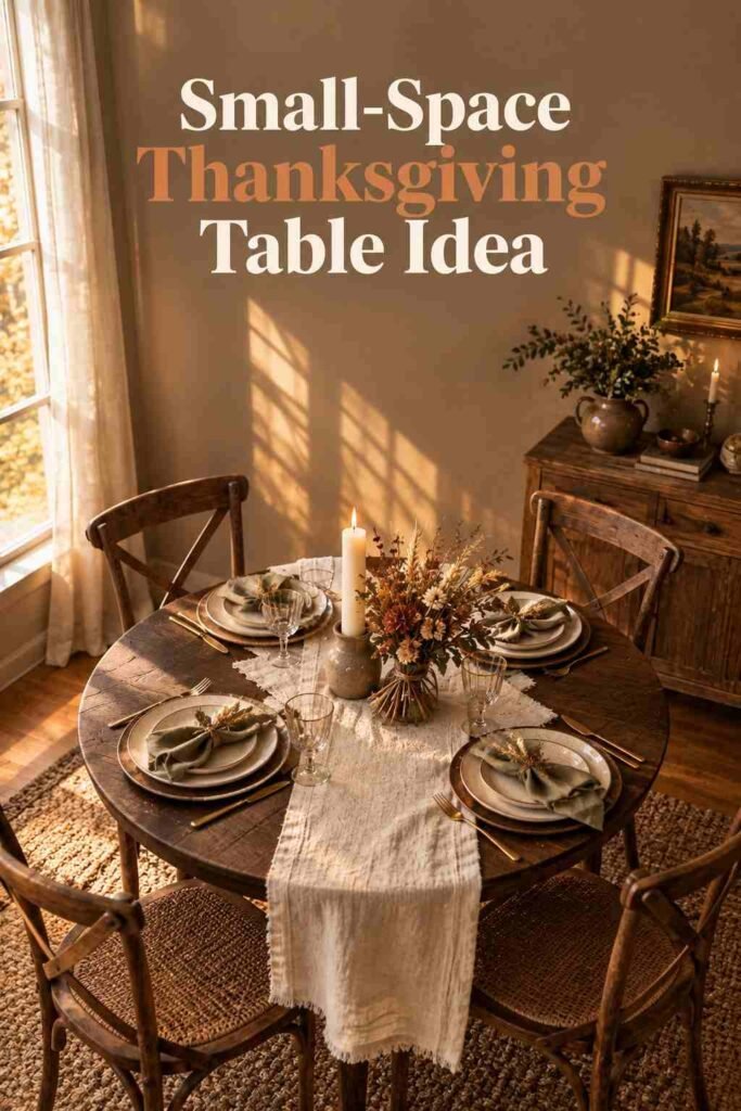 Small round Thanksgiving table styled with ivory linen, a single candle, and a small dried floral bundle.
