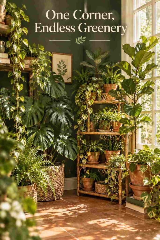 Compact corner grouping of small and medium potted plants on a tiered rattan plant stand