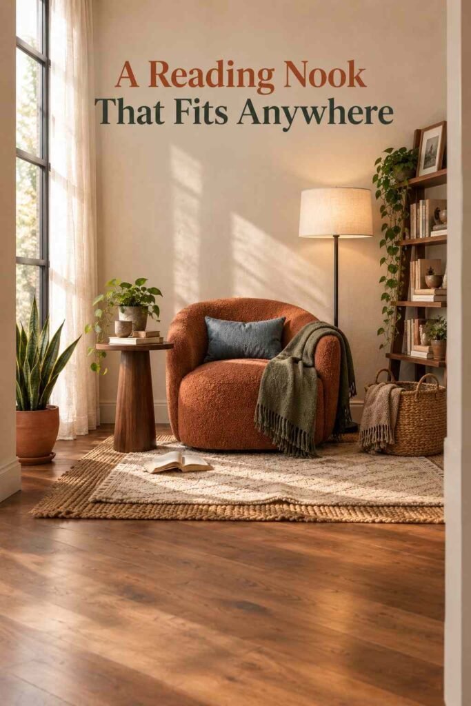 A reading corner viewed from across the room, showing the armchair, floor lamp, and bookshelf arranged within a wider living space.