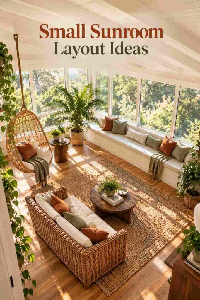 Elevated view of a compact sunroom layout with a window seat bench, jute rug, and wicker loveseat.