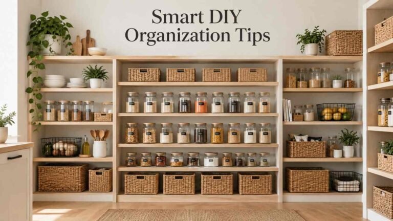 Bright pantry with labeled glass jars and open blonde-wood shelving.