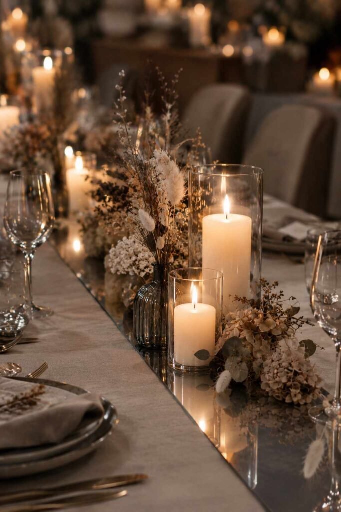 Smoked glass mirror runner with ivory candles and dried flowers on a wedding table.