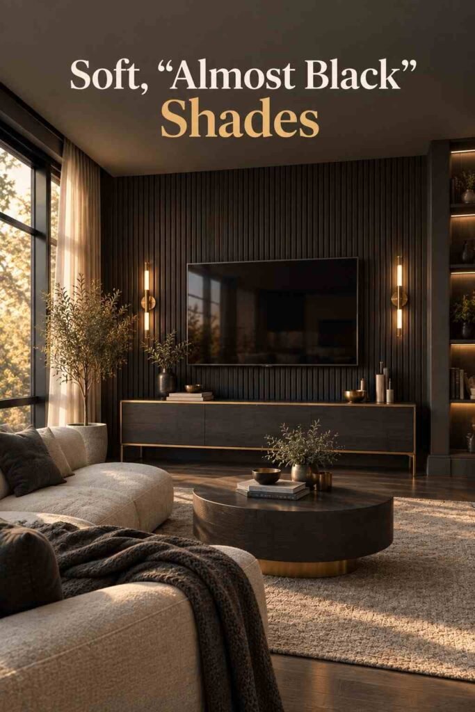 Modern living room with soft almost-black walls, a black slat TV wall, brass sconces, and warm neutral furnishings.