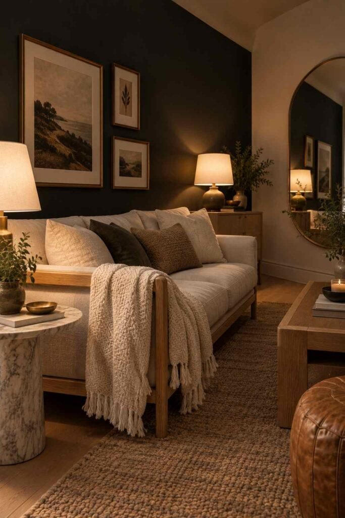 Matte soft black wall behind a light sofa with white lamps in a small apartment.