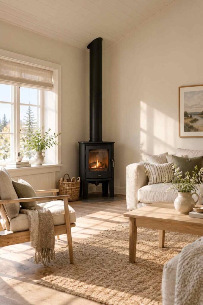 26 Scandinavian Cottage Interior Design Ideas for a Warm, Nordic, Light-Filled Home 3 Soft warm-white walls and ceiling in a small Scandinavian cottage living room