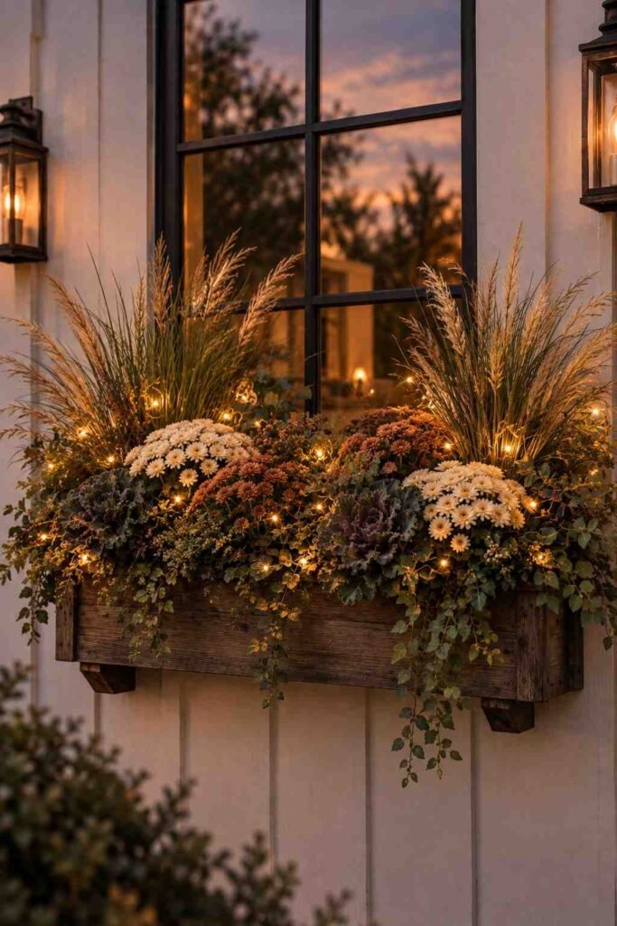 Fall Window Box Ideas to Turn Your Porch Into an Autumn Showstopper 19 Solar string lights glowing in a fall window box at dusk.