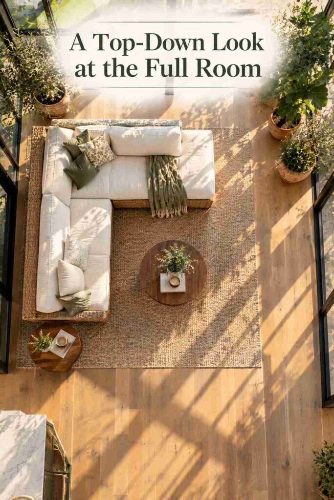 Overhead view of a rattan sectional, rug, and side table arranged in a sunlit glass-roofed room.