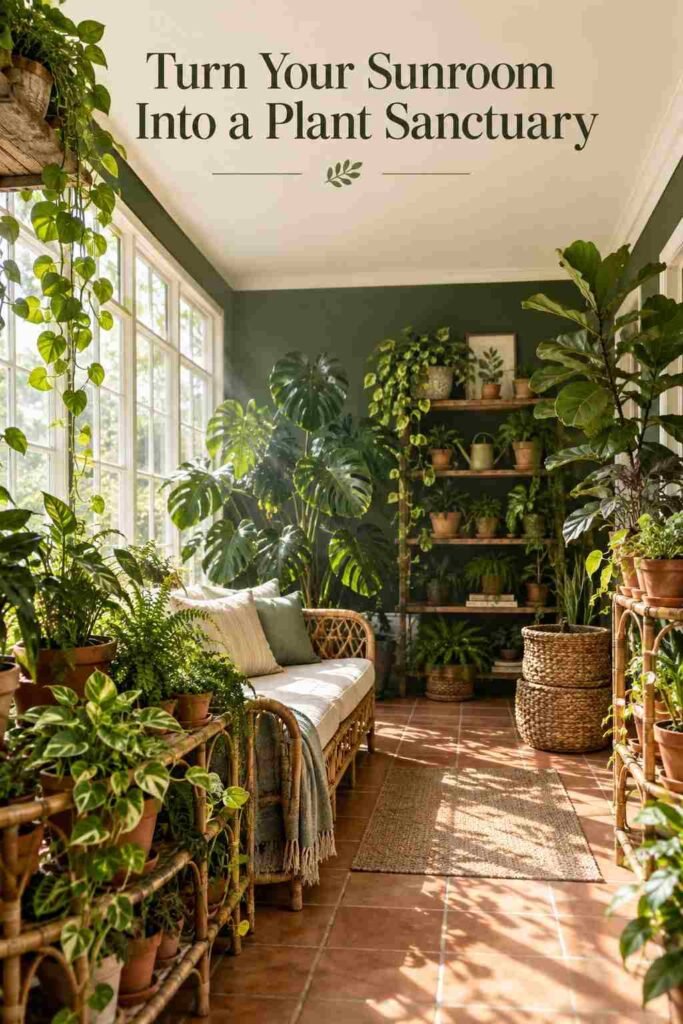 Full view of a glass-walled sunroom filled with layered potted plants and natural daylight