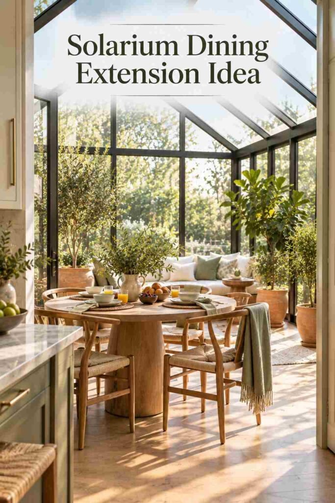 Round dining table set near a glass wall connecting a kitchen to a solarium sunroom.